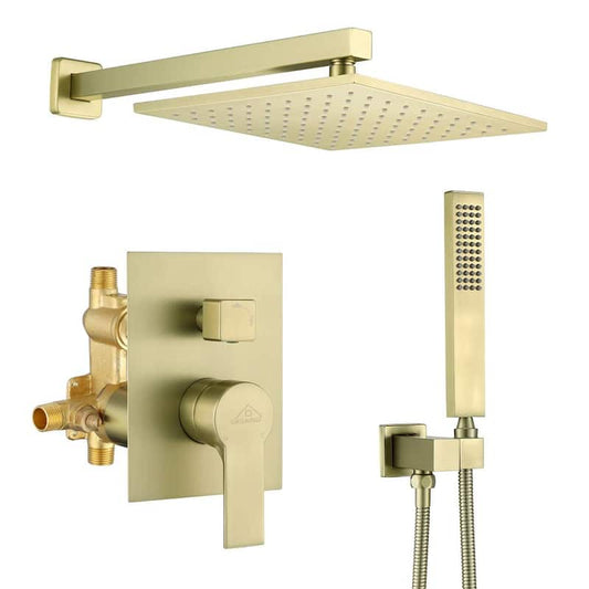 1-Spray Patterns 2.66 GPM 10 in. Wall Mounted Dual Shower Heads with Rough-In Valve Body and Trim in Brushed Gold