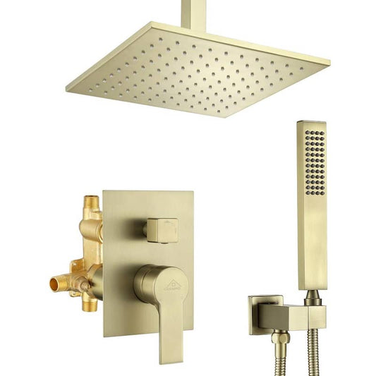 1-Spray Patterns 2.38 GPM 10 in. Ceiling Mounted Dual Shower Heads with Rough-In Valve Body and Trim in Brushed Gold