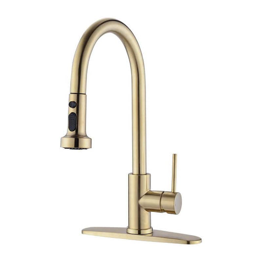 Single Handle Pull Down Sprayer Kitchen Faucet with Deckplate Included and Sprayer in Brushed Gold