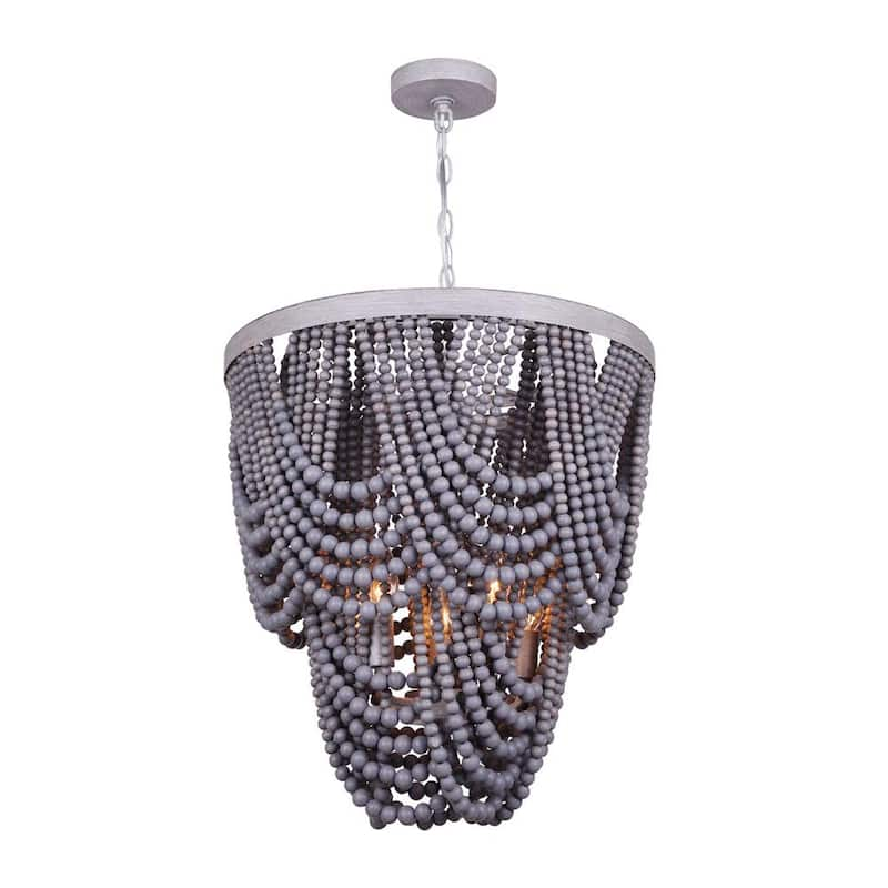 Leora 5-Light Brushed Grey Chandelier with Grey Real Wood Beads