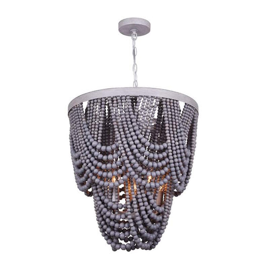 Leora 5-Light Brushed Grey Chandelier with Grey Real Wood Beads