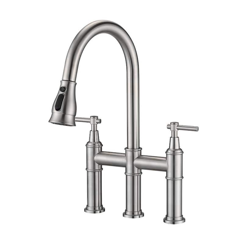 Double Handle Bridge Kitchen Faucet With Pull-Down Spray Head in Brushed Nickel