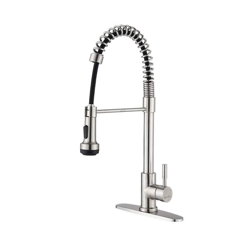 Single Handle Pull Down Sprayer Kitchen Faucet with Deckplate in Brushed Nickel