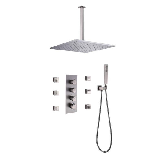 1-Spray 12 in. Rainfall Wall Bar Shower Kit with 6 Body Spray and Brass Handheld Shower in Brushed Nickel