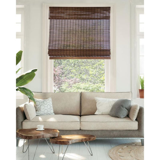 Premium True-to-Size Brown Buffalo Cordless Light Filtering Natural Woven Bamboo Roman Shade 31 in. W x 64 in. L