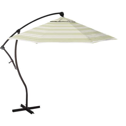 9 ft. Bronze Aluminum Cantilever Patio Umbrella with Crank Lift in Wellfleet Basil Pacifica Premium