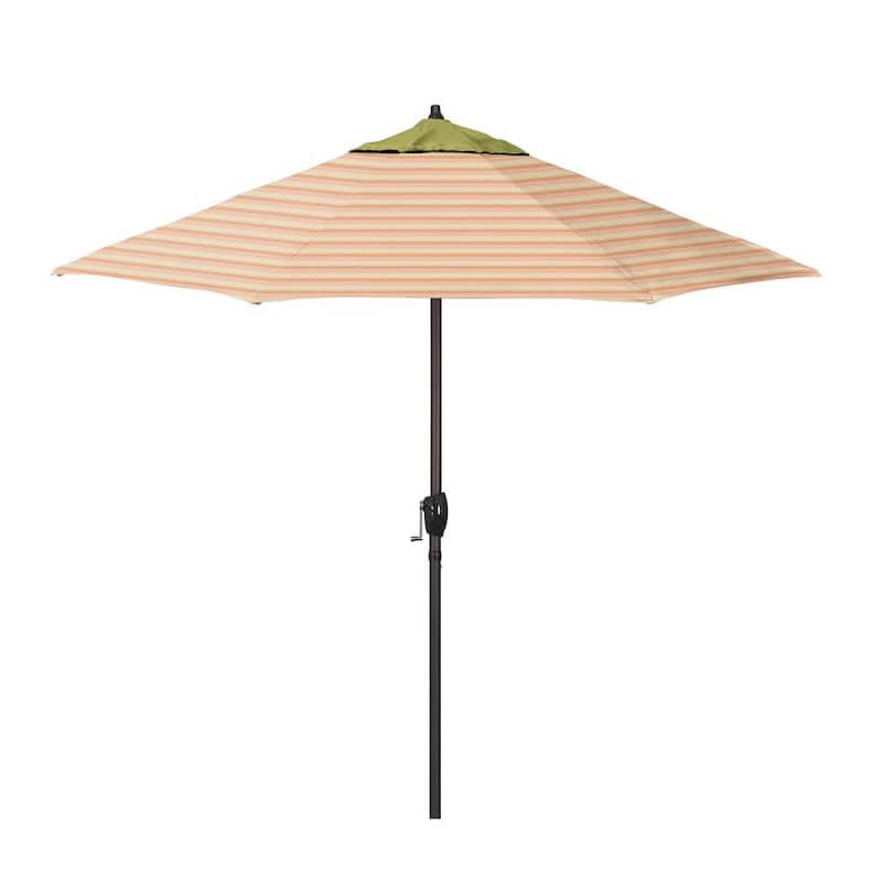 9 ft. Bronze Aluminum Market Patio Umbrella with Crank Lift Autotilt in Pesto Green and Donovan Garden Pacifica Premium