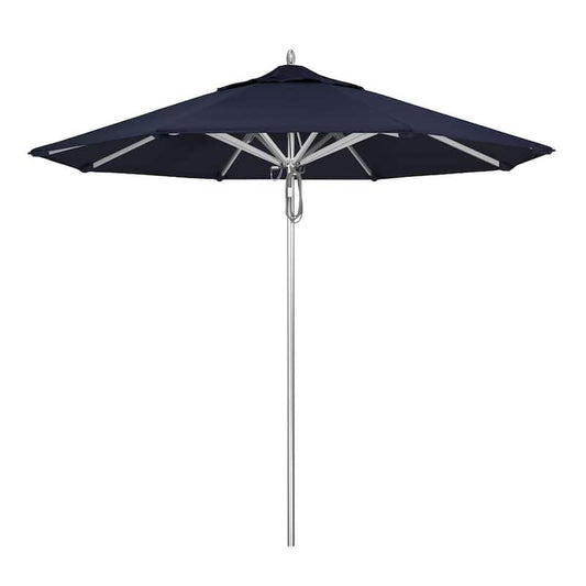 9 ft. Silver Aluminum Commercial Market Patio Umbrella with Pulley Lift in Navy Sunbrella