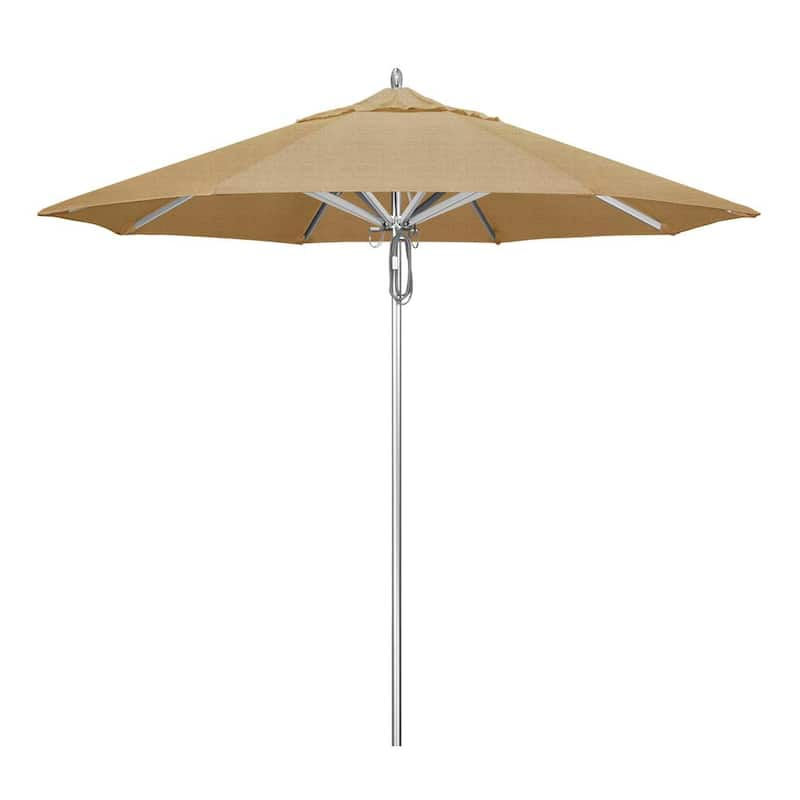 9 ft. Silver Aluminum Commercial Market Patio Umbrella with Pulley Lift in Linen Sesame Sunbrella