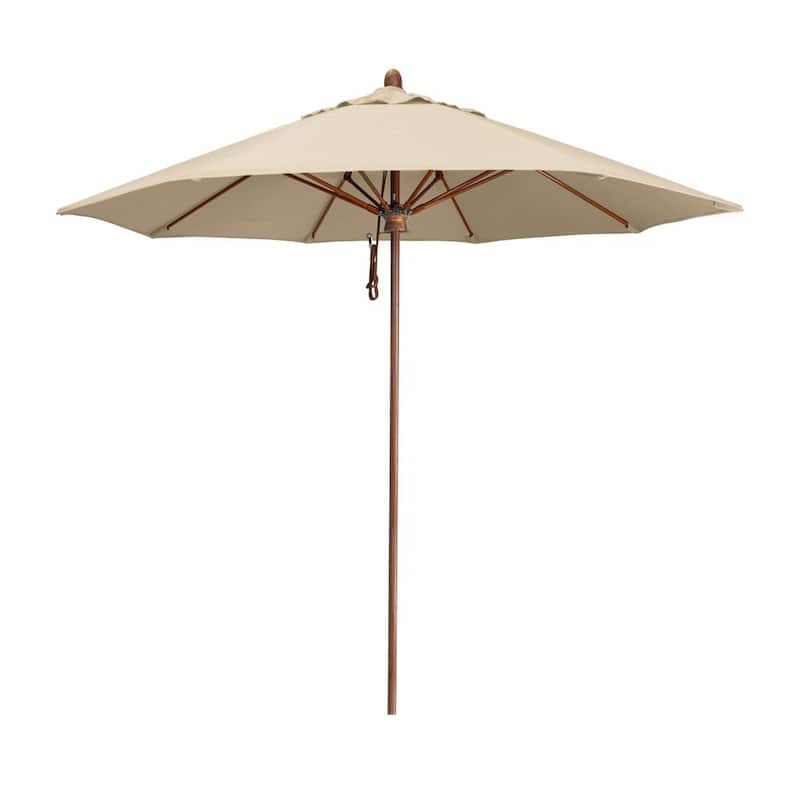 9 ft. Woodgrain Aluminum Commercial Market Patio Umbrella Fiberglass Ribs and Pulley Lift in Antique Beige Sunbrella