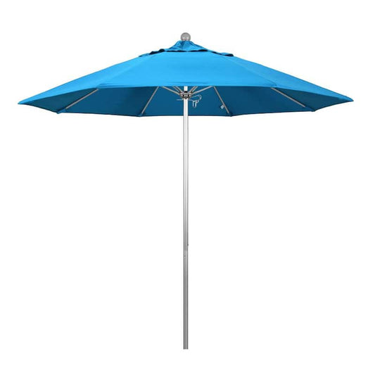 9 ft. Silver Aluminum Commercial Market Patio Umbrella with Fiberglass Ribs and Push Lift in Canvas Cyan Sunbrella