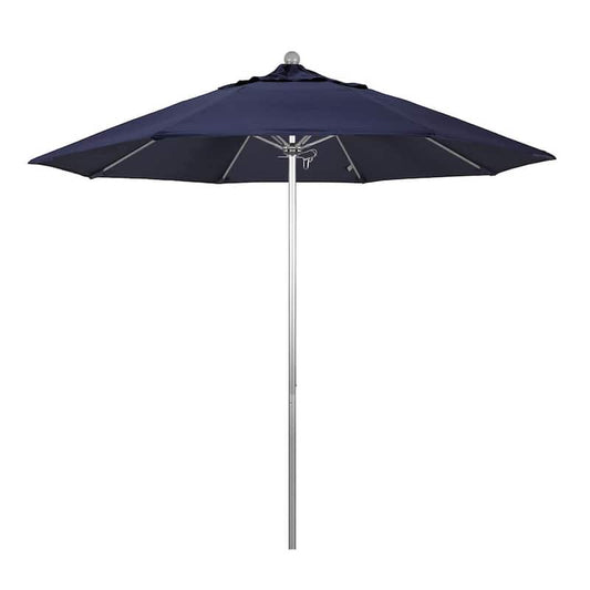 9 ft. Silver Aluminum Commercial Market Patio Umbrella with Fiberglass Ribs and Push Lift in Navy Blue Olefin