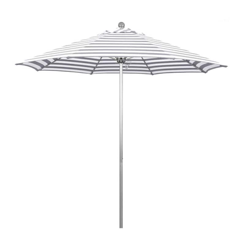 9 ft. Silver Aluminum Commercial Market Patio Umbrella with Fiberglass Ribs Push Lift in Gray White Cabana Stripe Olefin