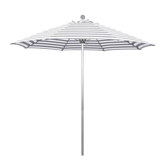 9 ft. Silver Aluminum Commercial Market Patio Umbrella with Fiberglass Ribs Push Lift in Gray White Cabana Stripe Olefin