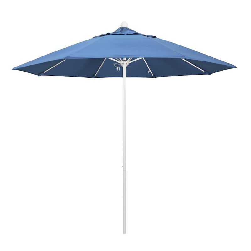 9 ft. White Aluminum Commercial Market Patio Umbrella with Fiberglass Ribs and Push Lift in Frost Blue Olefin