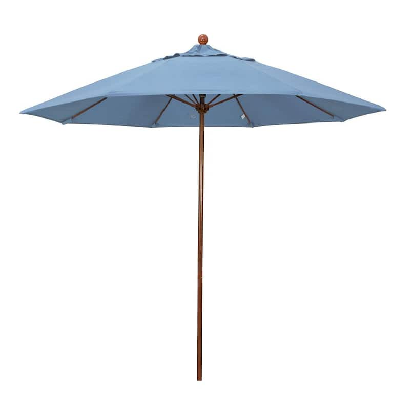 9 ft. Woodgrain Aluminum Commercial Market Patio Umbrella Fiberglass Ribs and Push Lift in Air Blue Sunbrella