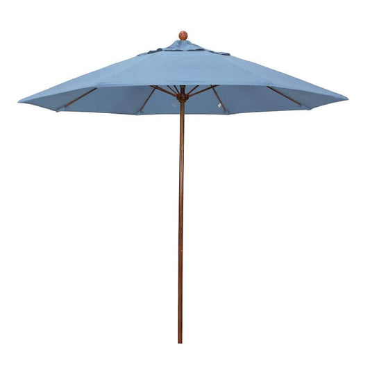 9 ft. Woodgrain Aluminum Commercial Market Patio Umbrella Fiberglass Ribs and Push Lift in Air Blue Sunbrella