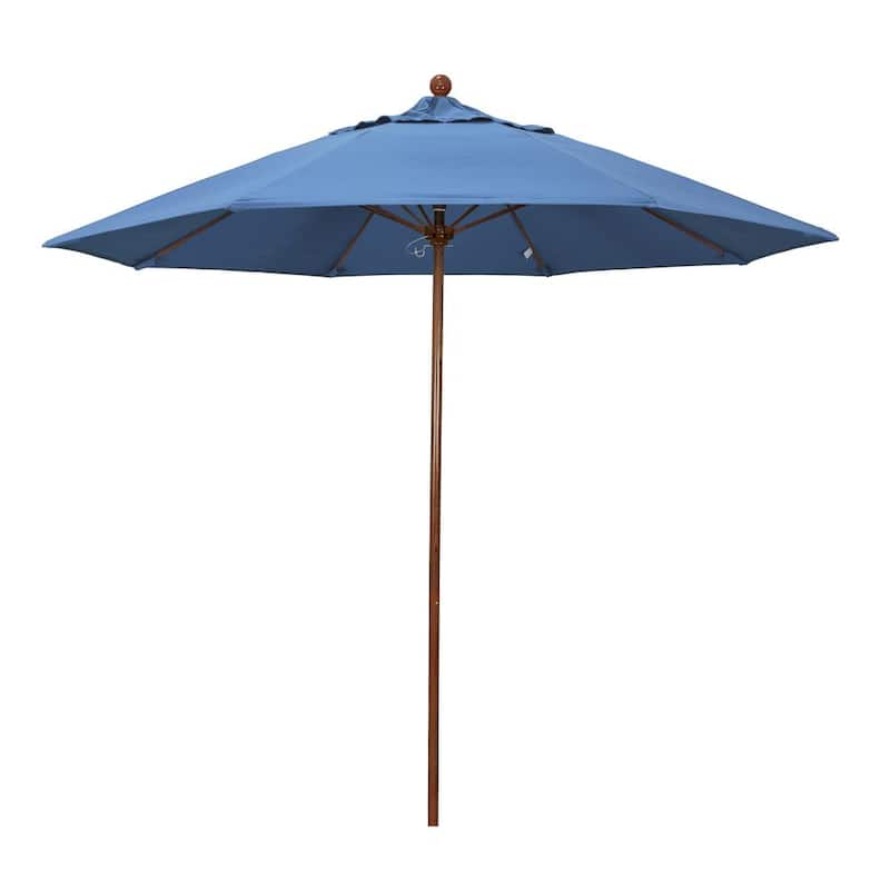 9 ft. Woodgrain Aluminum Commercial Market Patio Umbrella Fiberglass Ribs and Push Lift in Frost Blue Olefin