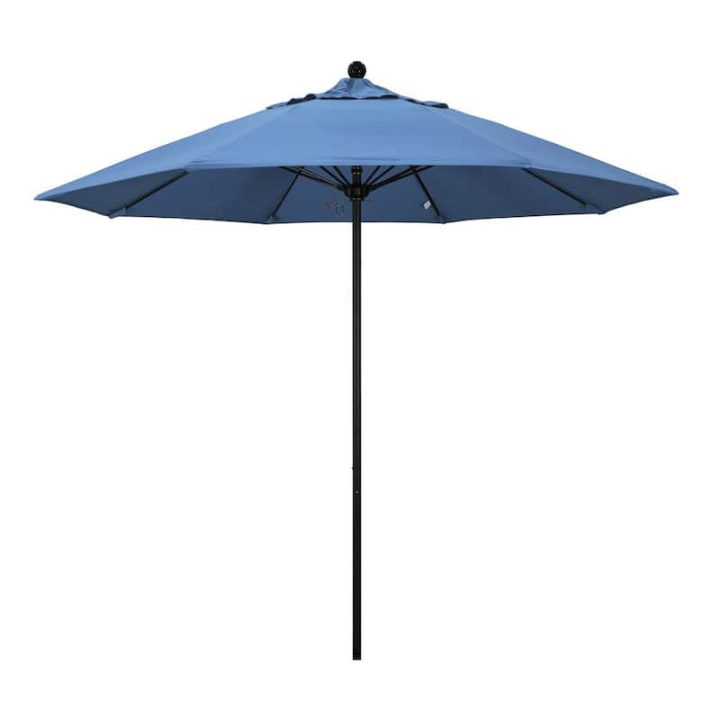 9 ft. Black Aluminum Commercial Market Patio Umbrella with Fiberglass Ribs and Push Lift in Frost Blue Olefin