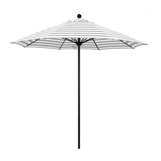 9 ft. Black Aluminum Commercial Market Patio Umbrella with Fiberglass Ribs Push Lift in Gray White Cabana Stripe Olefin