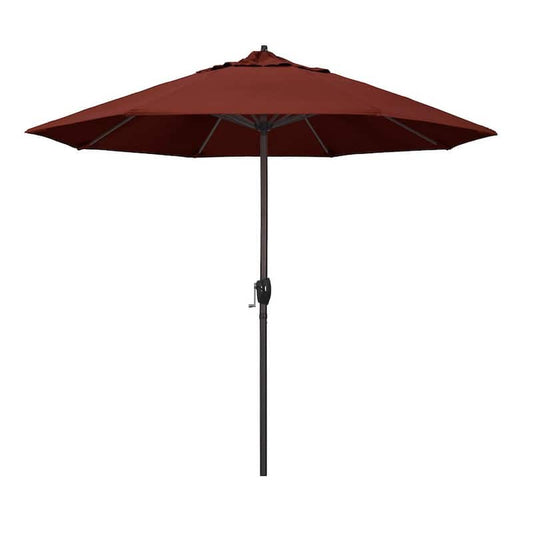 9 ft. Bronze Aluminum Pole Market Aluminum Ribs Auto Tilt Crank Lift Patio Umbrella in Henna Sunbrella