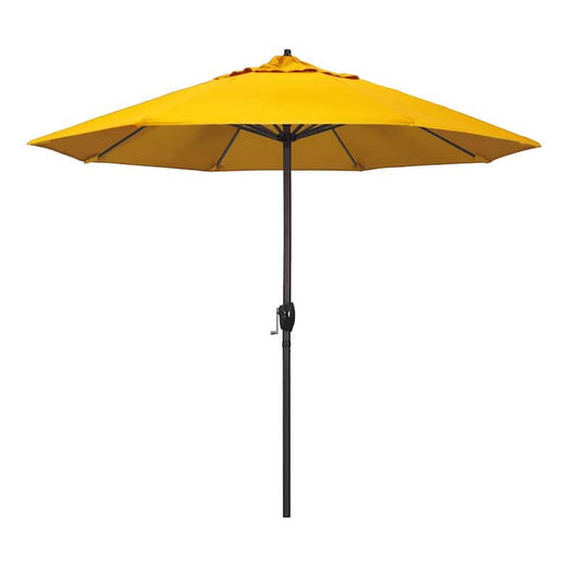 9 ft. Bronze Aluminum Pole Market Aluminum Ribs Auto Tilt Crank Lift Patio Umbrella in Sunflower Yellow Sunbrella