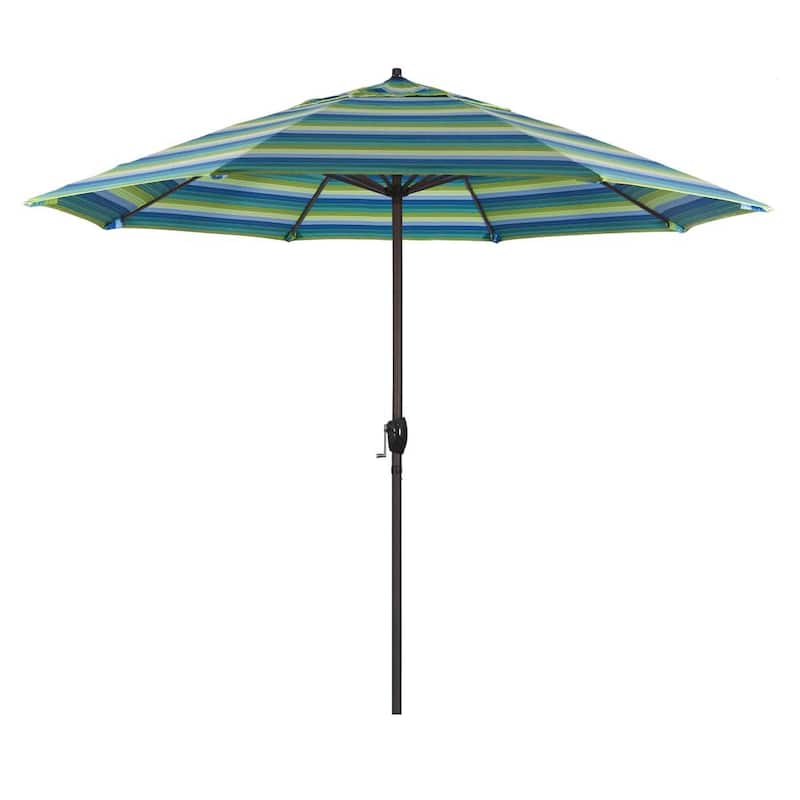 9 ft. Bronze Aluminum Pole Market Aluminum Ribs Auto Tilt Crank Lift Patio Umbrella in Seville Seaside Sunbrella