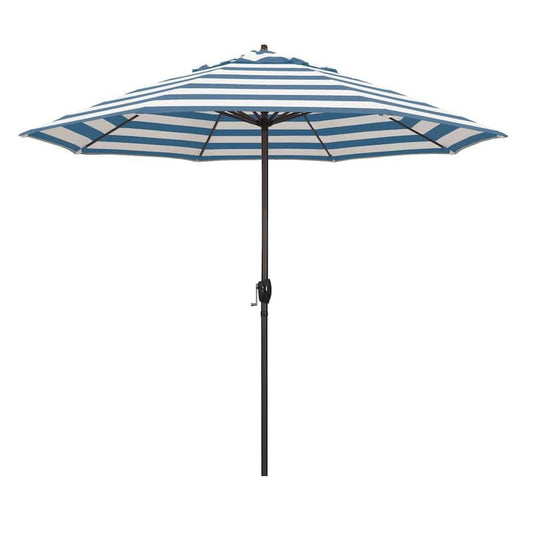 9 ft. Bronze Aluminum Market Auto-tilt Crank Lift Patio Umbrella in Cabana Regatta Sunbrella