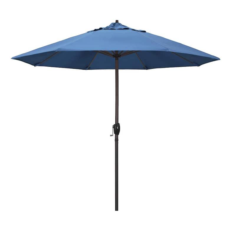 9 ft. Aluminum Market Auto Tilt Crank Lift Bronze Patio Umbrella in Frost Blue Olefin