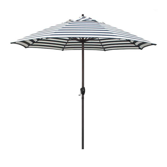 9 ft. Aluminum Market Auto Tilt Crank Lift Bronze Patio Umbrella in Navy White Cabana Stripe Olefin