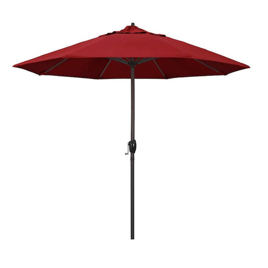 9 ft. Bronze Aluminum Market Patio Umbrella Auto Tilt Crank Lift in Red Pacifica