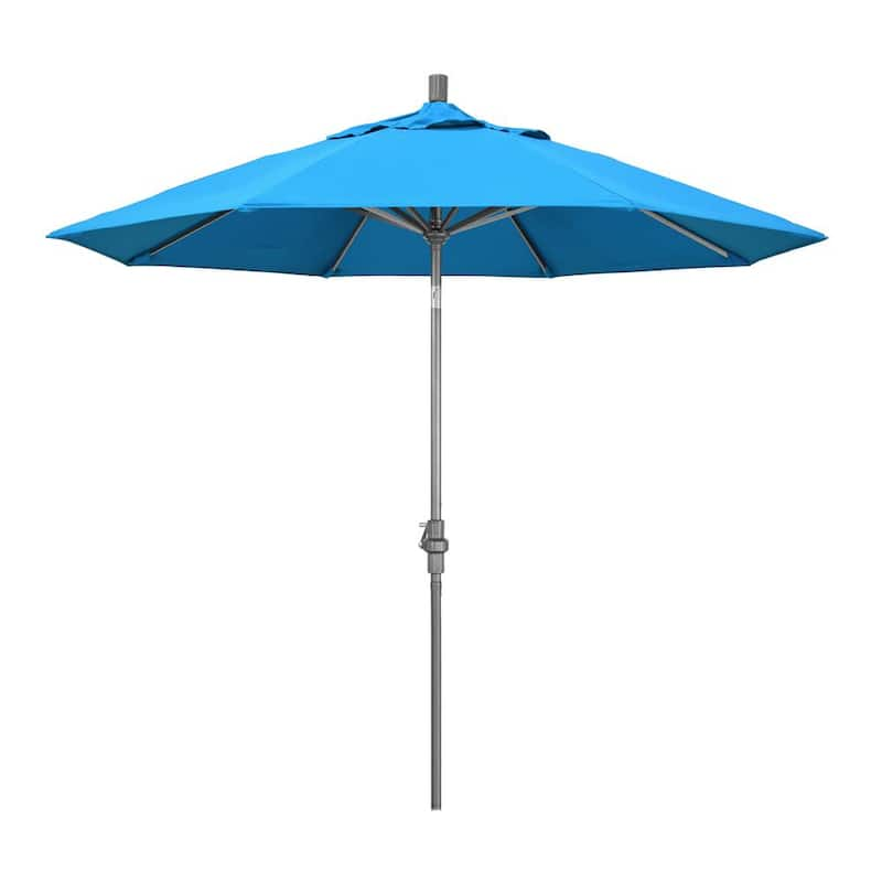 9 ft. Hammertone Grey Aluminum Market Patio Umbrella with Collar Tilt Crank Lift in Canvas Cyan Sunbrella