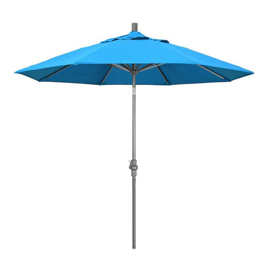 9 ft. Hammertone Grey Aluminum Market Patio Umbrella with Collar Tilt Crank Lift in Canvas Cyan Sunbrella