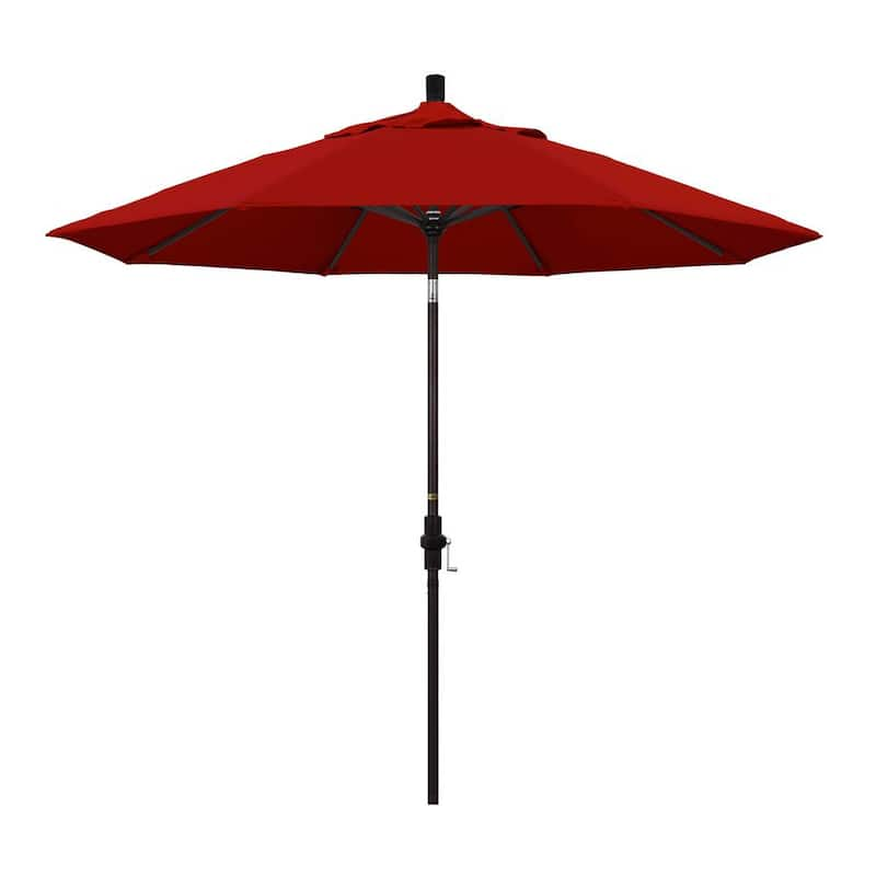 9 ft. Bronze Aluminum Pole Market Aluminum Ribs Collar Tilt Crank Lift Patio Umbrella in Jockey Red Sunbrella