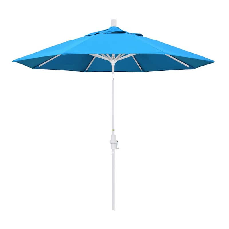 9 ft. Matted White Aluminum Collar Tilt Crank Lift Market Patio Umbrella in Canvas Cyan Sunbrella