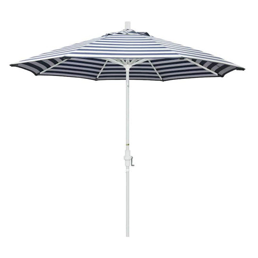 9 ft. Aluminum Market Collar Tilt - Matte White Patio Umbrella in Navy White Cabana Stripe Olefin