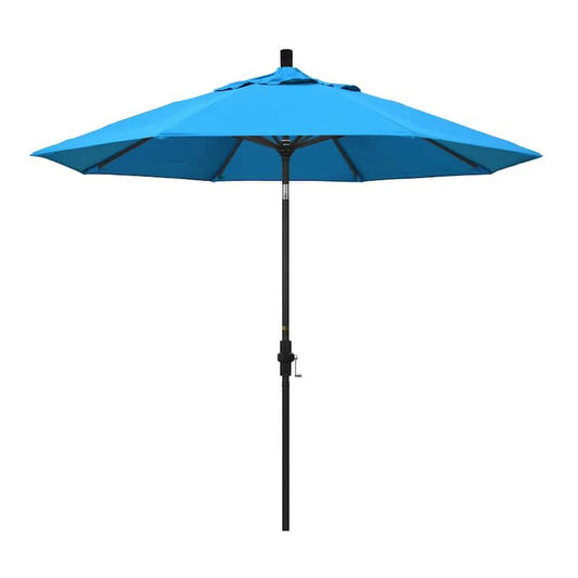 9 ft. Stone Black Aluminum Collar Tilt Crank Lift Market Patio Umbrella in Canvas Cyan Sunbrella