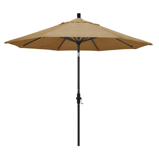 9 ft. Black Aluminum Pole Market Aluminum Ribs Collar Tilt Crank Lift Patio Umbrella in Linen Sesame Sunbrella