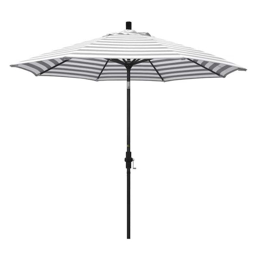 9 ft. Aluminum Market Collar Tilt - Matted Black Patio Umbrella in Gray White Cabana Stripe Olefin