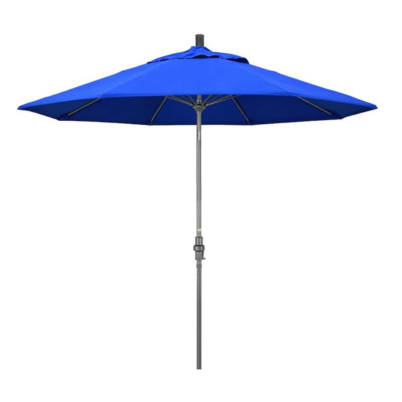 9 ft. Hammertone Grey Aluminum Market Patio Umbrella with Collar Tilt Crank Lift in Pacific Blue Sunbrella