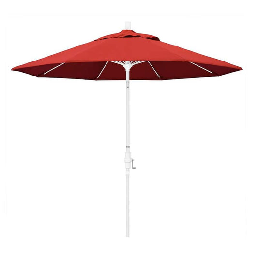 9 ft. Matted White Aluminum Market Patio Umbrella with Fiberglass Ribs Collar Tilt Crank Lift in Jockey Red Sunbrella