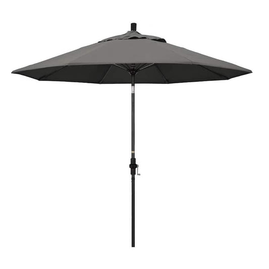 9 ft. Matted Black Aluminum Collar Tilt Crank Lift Market Patio Umbrella in Charcoal Sunbrella