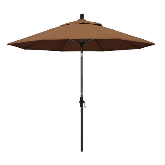 9 ft. Matted Black Aluminum Market Patio Umbrella with Fiberglass Ribs Collar Tilt Crank Lift in Teak Sunbrella