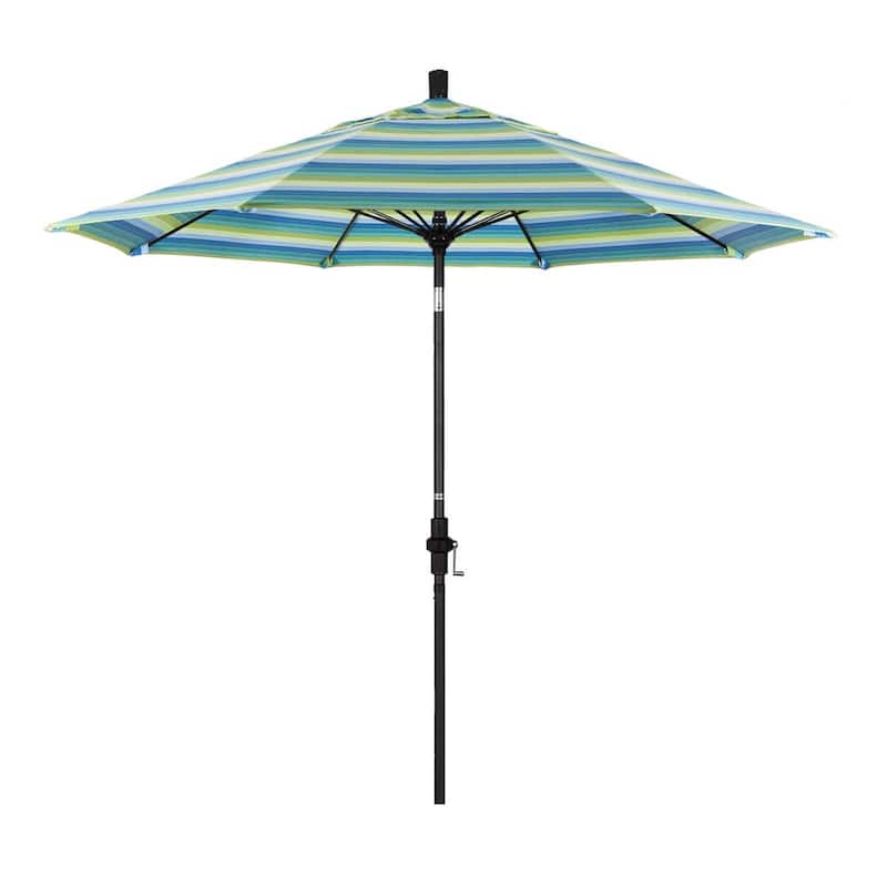 9 ft. Matted Black Aluminum Market Patio Umbrella with Collar Tilt Crank Lift in Seville Seaside Sunbrella