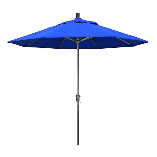 9 ft. Hammertone Grey Aluminum Market Patio Umbrella with Push Button Tilt Crank Lift in Pacific Blue Sunbrella