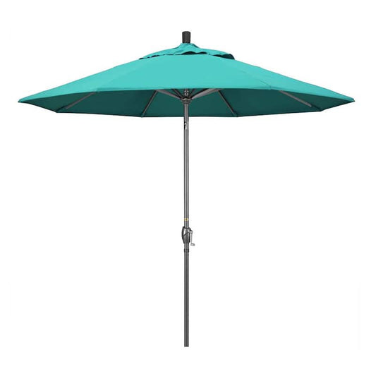 9 ft. Hammertone Grey Aluminum Market Patio Umbrella with Push Button Tilt Crank Lift in Aruba Sunbrella