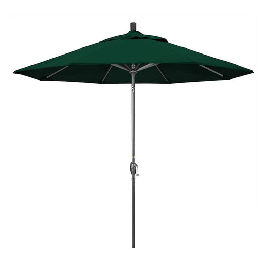 9 ft. Hammertone Grey Aluminum Market Patio Umbrella with Push Button Tilt Crank Lift in Forest Green Sunbrella