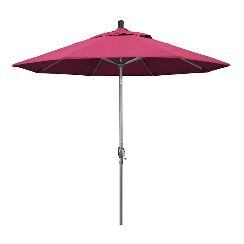 9 ft. Hammertone Grey Aluminum Market Patio Umbrella with Push Button Tilt Crank Lift in Hot Pink Sunbrella