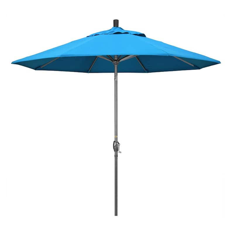 9 ft. Hammertone Grey Aluminum Market Patio Umbrella with Push Button Tilt Crank Lift in Canvas Cyan Sunbrella