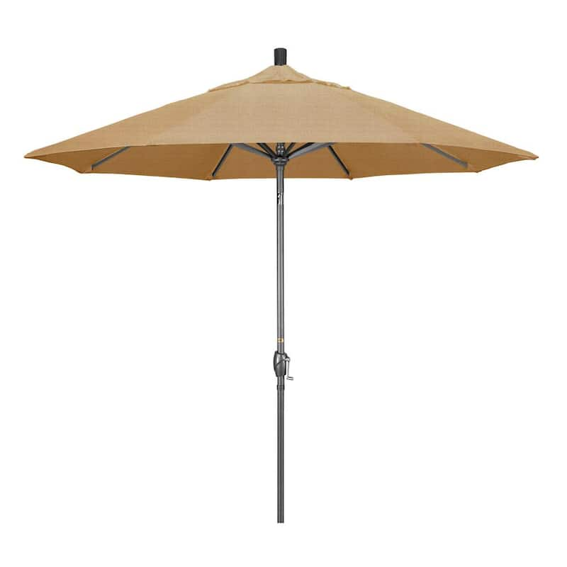 9 ft. Hammertone Grey Aluminum Market Patio Umbrella with Push Button Tilt Crank Lift in Linen Sesame Sunbrella